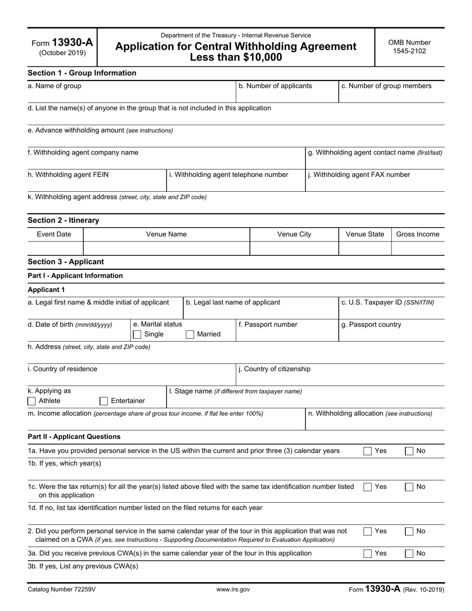 IRS Form 13930-A Application for Central Withholding Agreement Less Than 10,000, Page 1