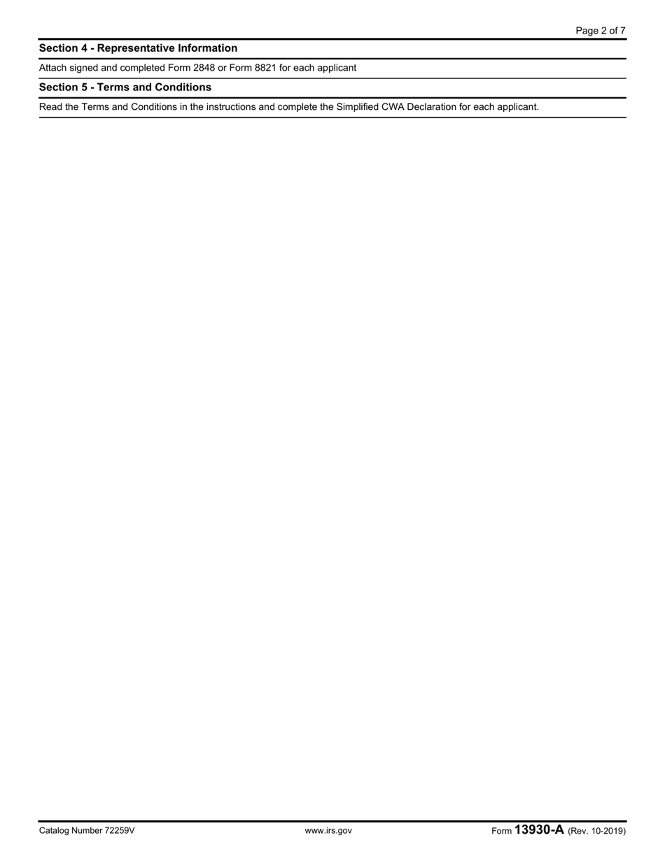 IRS Form 13930-A Application for Central Withholding Agreement Less Than 10,000, Page 2