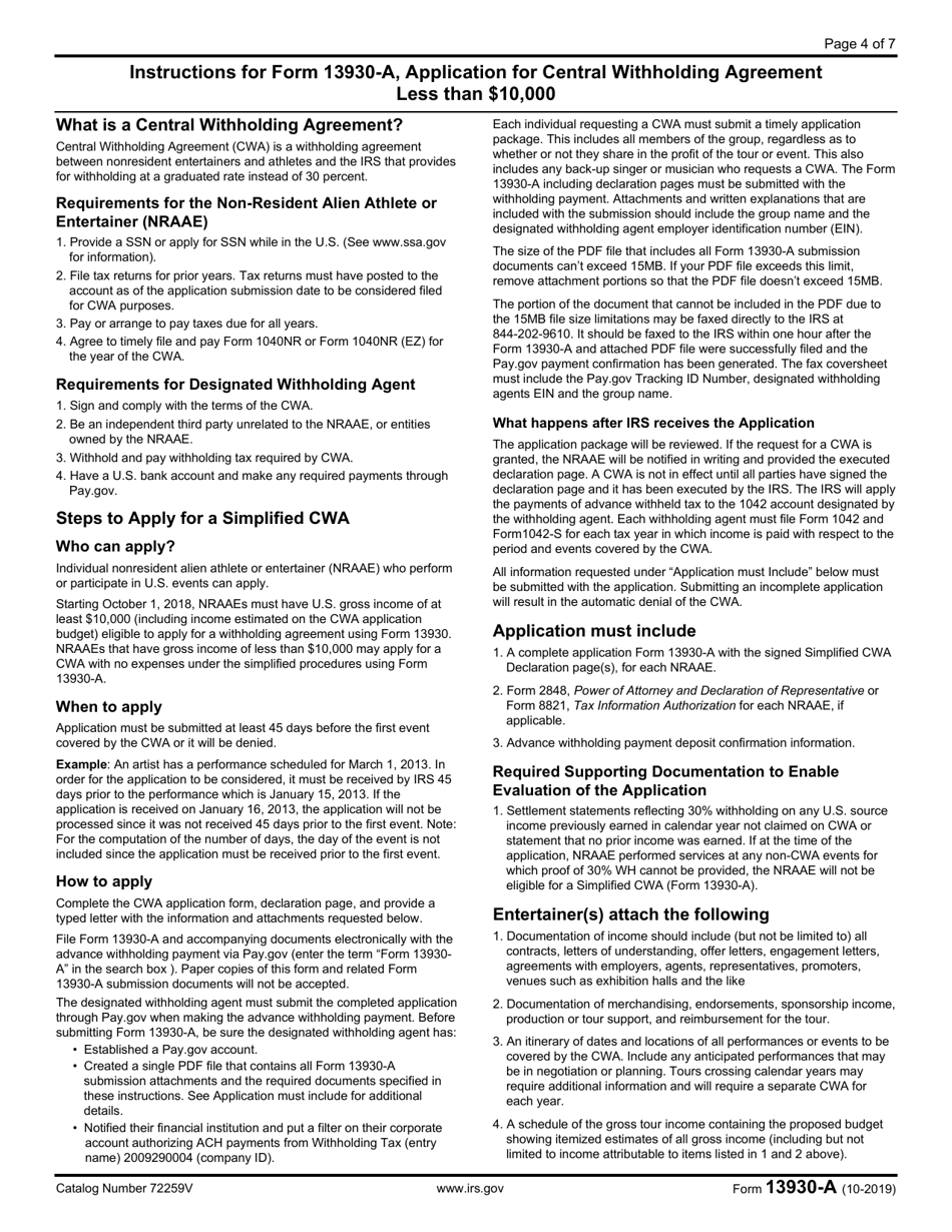 IRS Form 13930-A Application for Central Withholding Agreement Less Than 10,000, Page 4