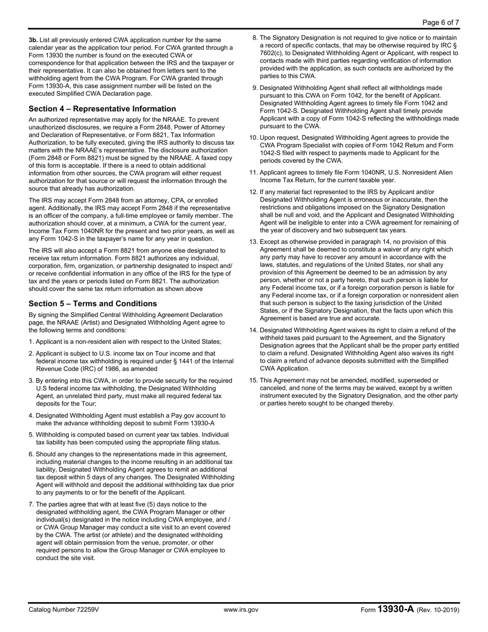IRS Form 13930-A Application for Central Withholding Agreement Less Than 10,000, Page 6