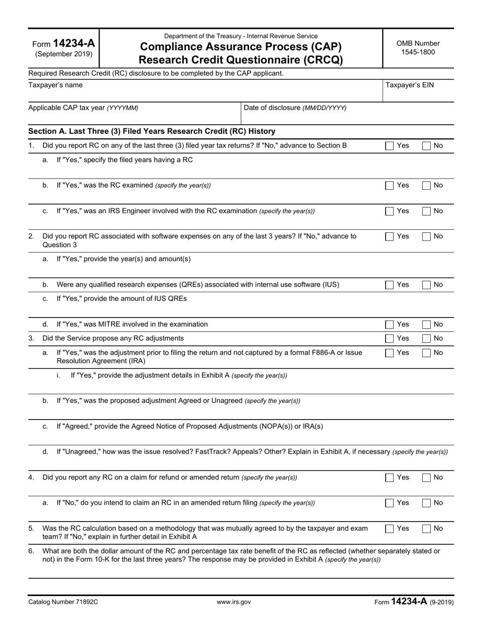 IRS Form 14234-A Compliance Assurance Process (CAP) Research Credit Questionnaire (Crcq), Page 1