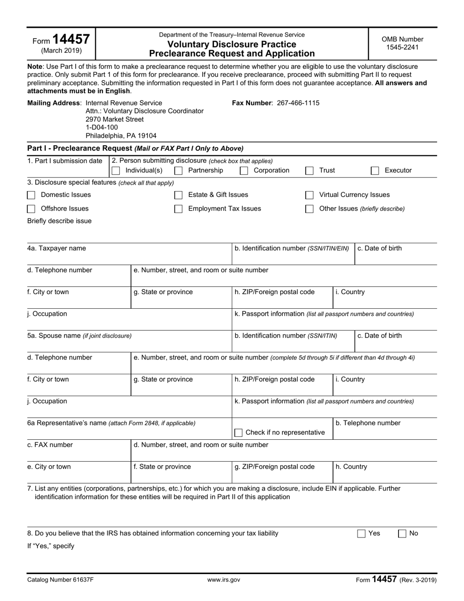 IRS Form 14457 Voluntary Disclosure Practice Preclearance Request and Application, Page 1