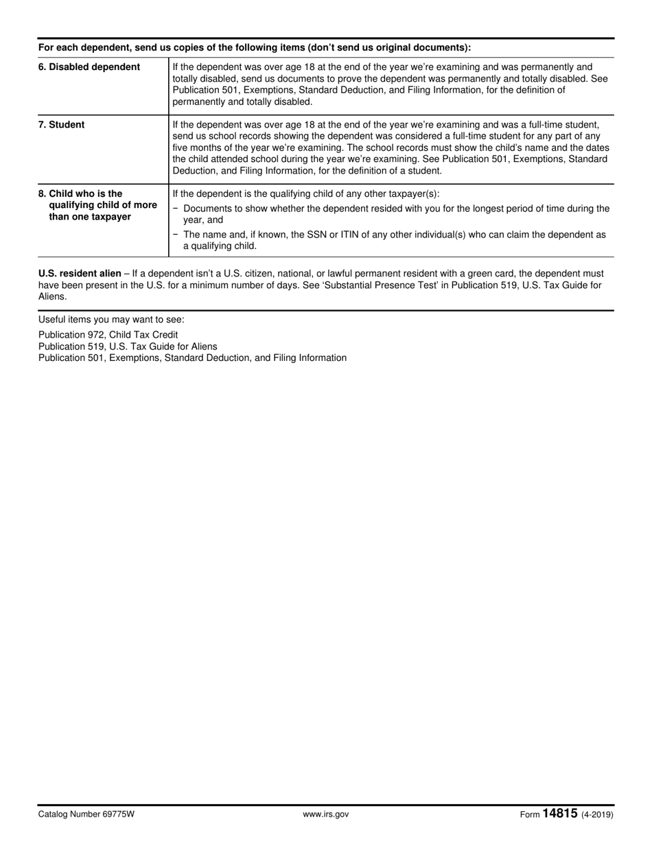 IRS Form 14815 Supporting Documents to Prove the Child Tax Credit (Ctc) and Credit for Other Dependents (Odc), Page 2