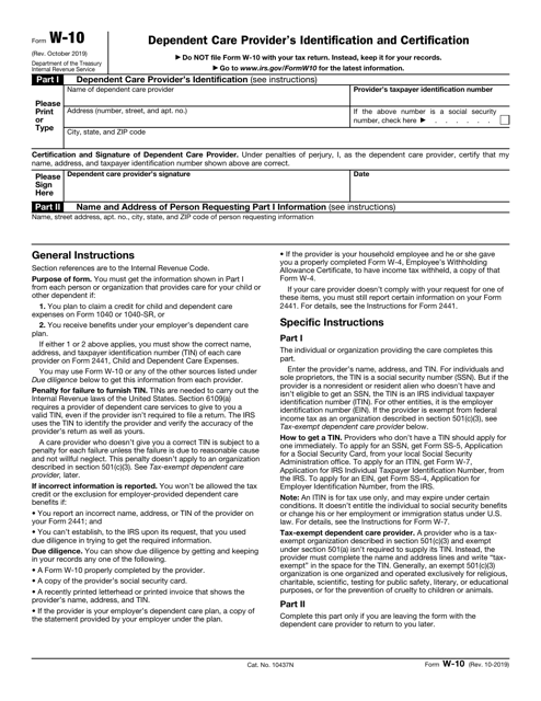 IRS Form W-10  Printable Pdf