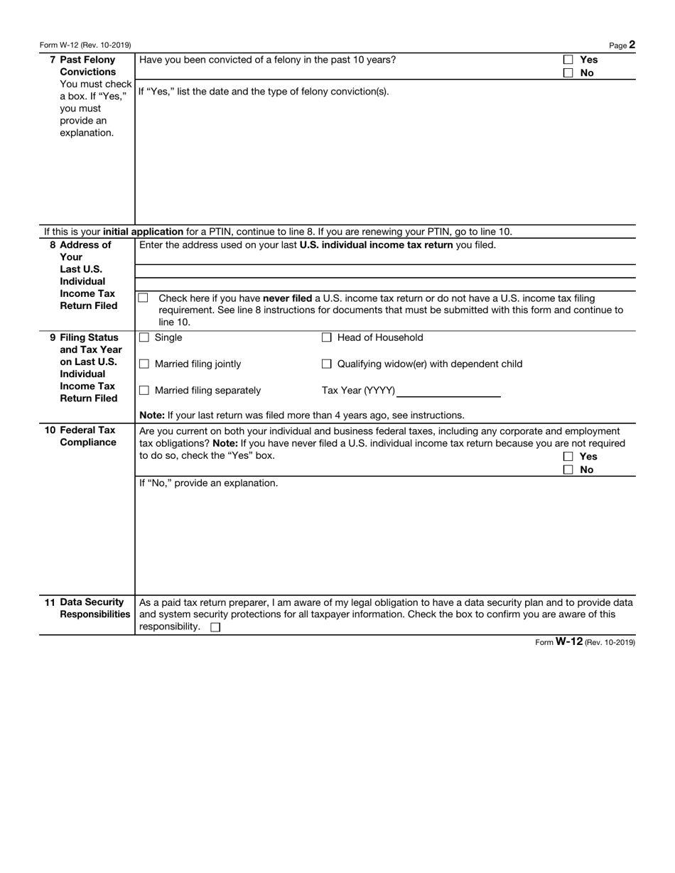 IRS Form W-12 IRS Paid Preparer Tax Identification Number (Ptin) Application and Renewal, Page 2