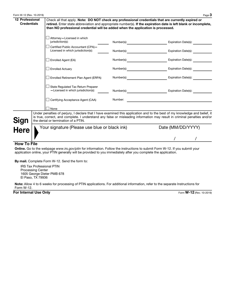IRS Form W-12 IRS Paid Preparer Tax Identification Number (Ptin) Application and Renewal, Page 3