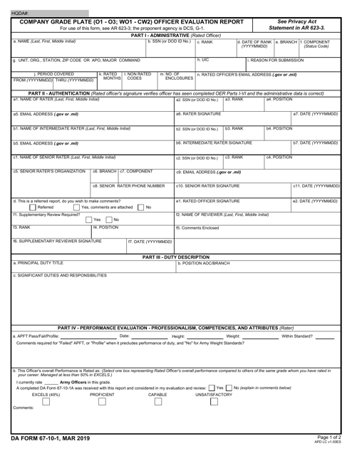 DA Form 67-10-1 Company Grade Plate (O1 - O3; Wo1 - Cw2) Officer Evaluation Report