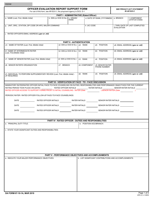 DA Form 67-10-1A Officer Evaluation Report Support Form