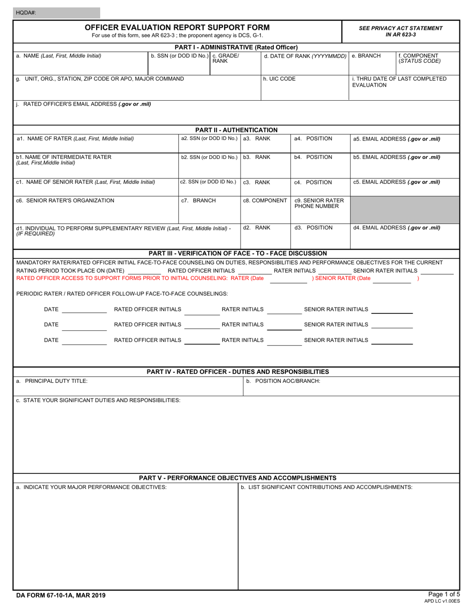 DA Form 67-10-1A Download Fillable PDF or Fill Online Officer Evaluation Report Support Form | Templateroller
