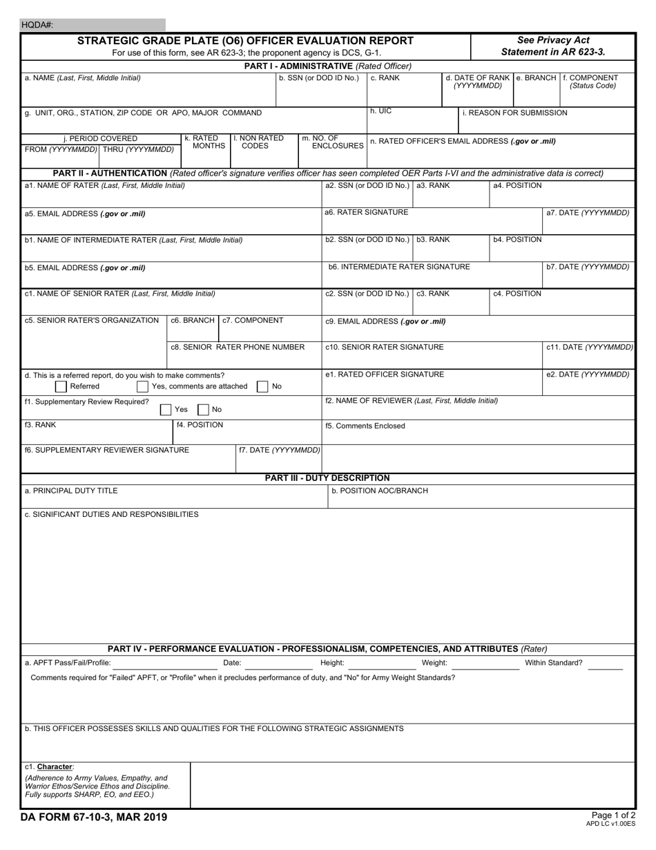 DA Form 67-10-3 Strategic Grade Plate (O6) Officer Evaluation Report, Page 1