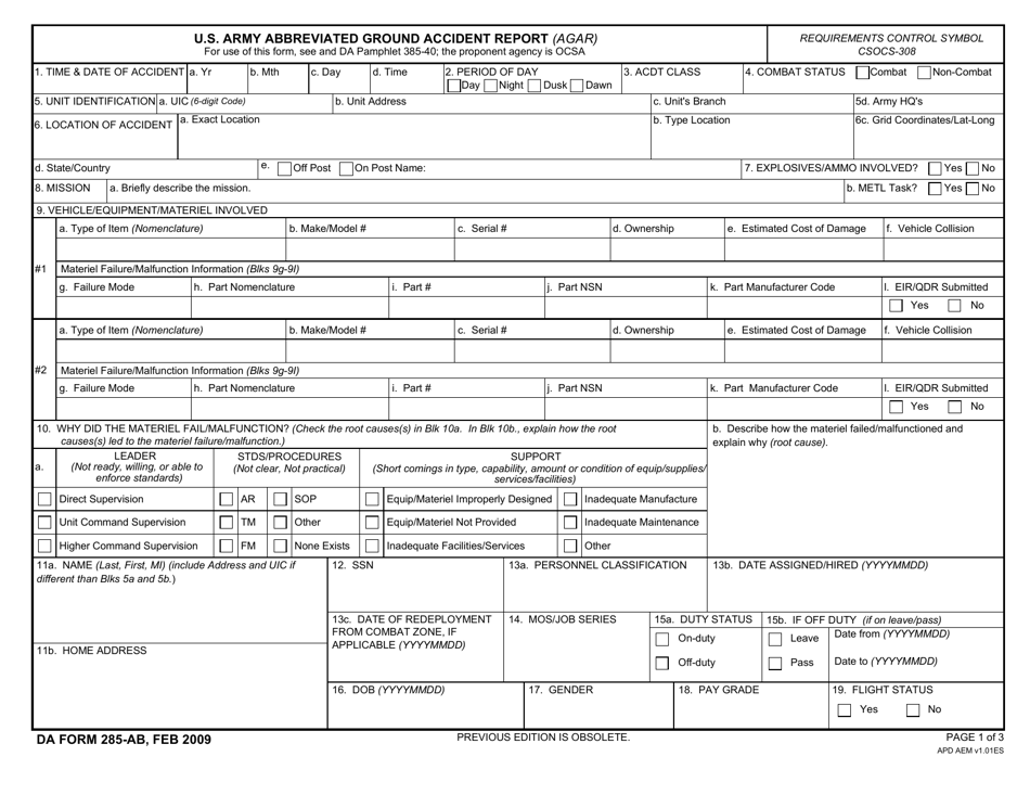 DA Form 1285-AB U.S. Army Abbreviated Ground Accident Report (AGAR), Page 1