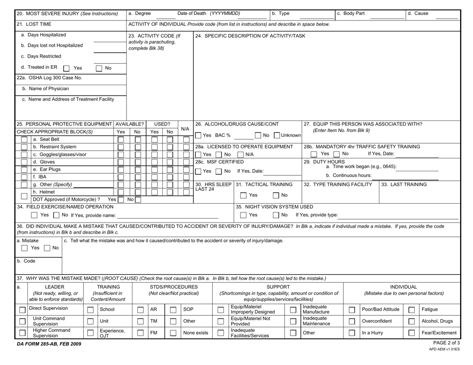 DA Form 1285-AB U.S. Army Abbreviated Ground Accident Report (AGAR), Page 2