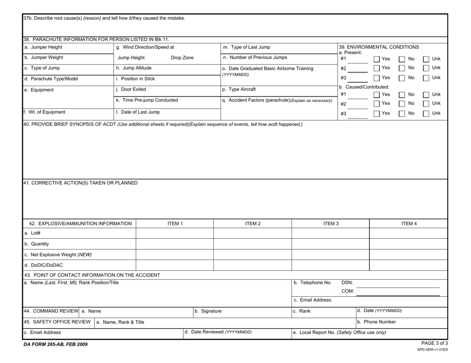DA Form 1285-AB U.S. Army Abbreviated Ground Accident Report (AGAR), Page 3