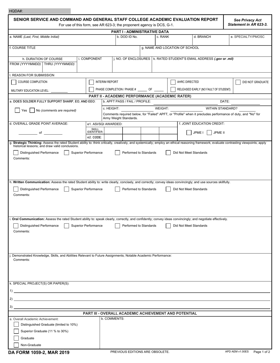 DA Form 1059-2 Senior Service and Command and General Staff College Academic Evaluation Report, Page 1