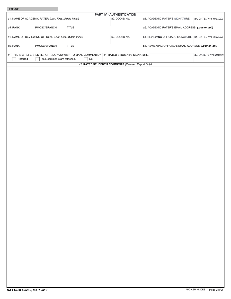 DA Form 1059-2 Senior Service and Command and General Staff College Academic Evaluation Report, Page 2