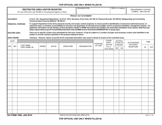 Document preview: DA Form 1999 Restricted Area Visitor Register