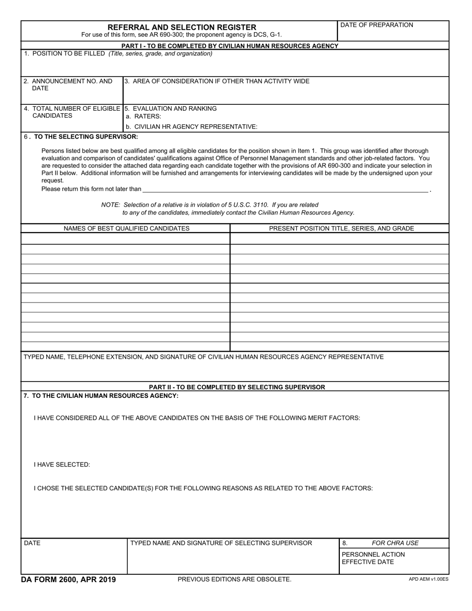 DA Form 2600 Referral and Selection Register, Page 1