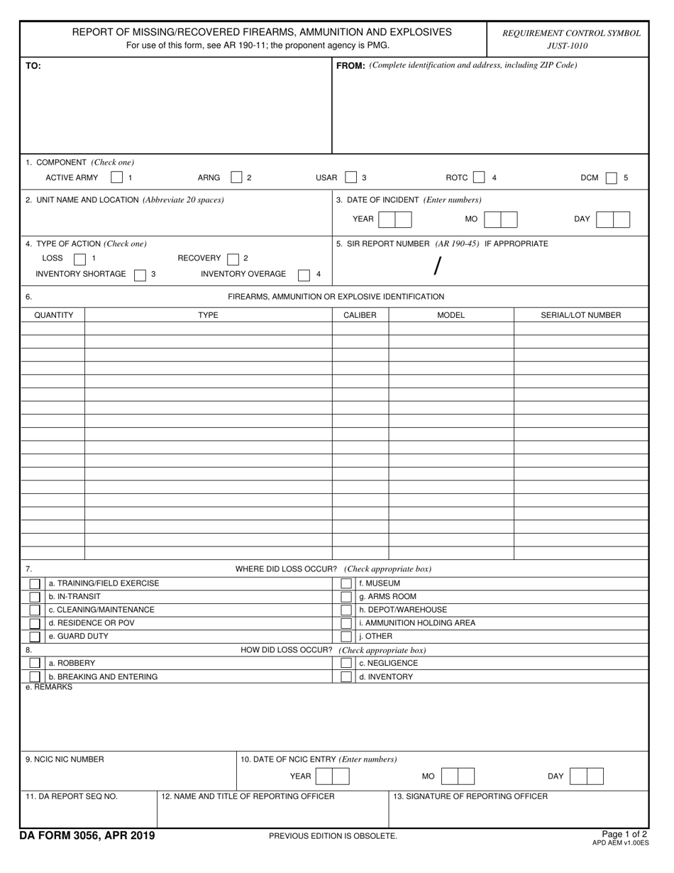DA Form 3056 Report of Missing / Recovered Firearms, Ammunition and Explosives, Page 1