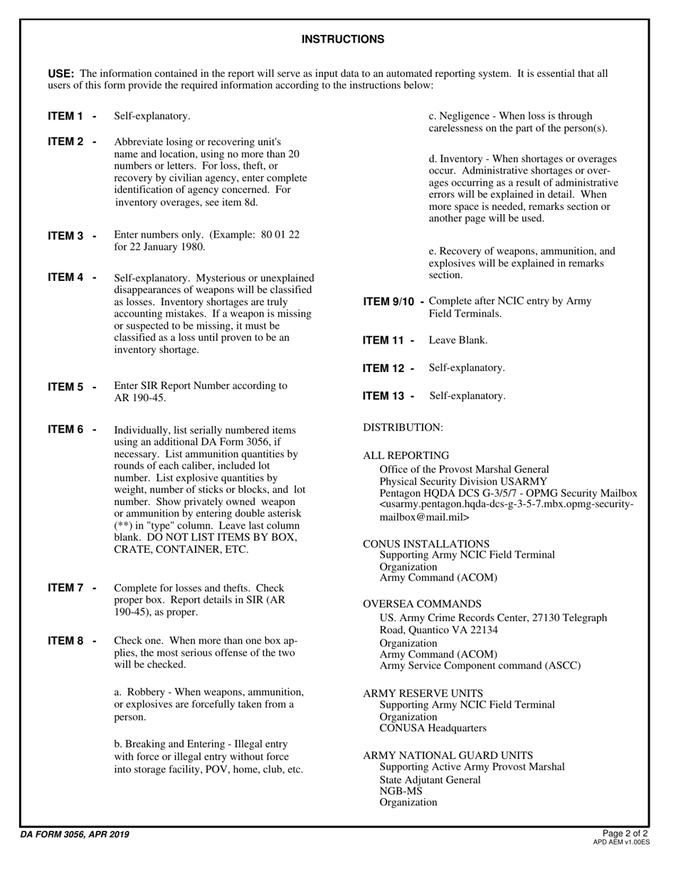 DA Form 3056 Report of Missing / Recovered Firearms, Ammunition and Explosives, Page 2