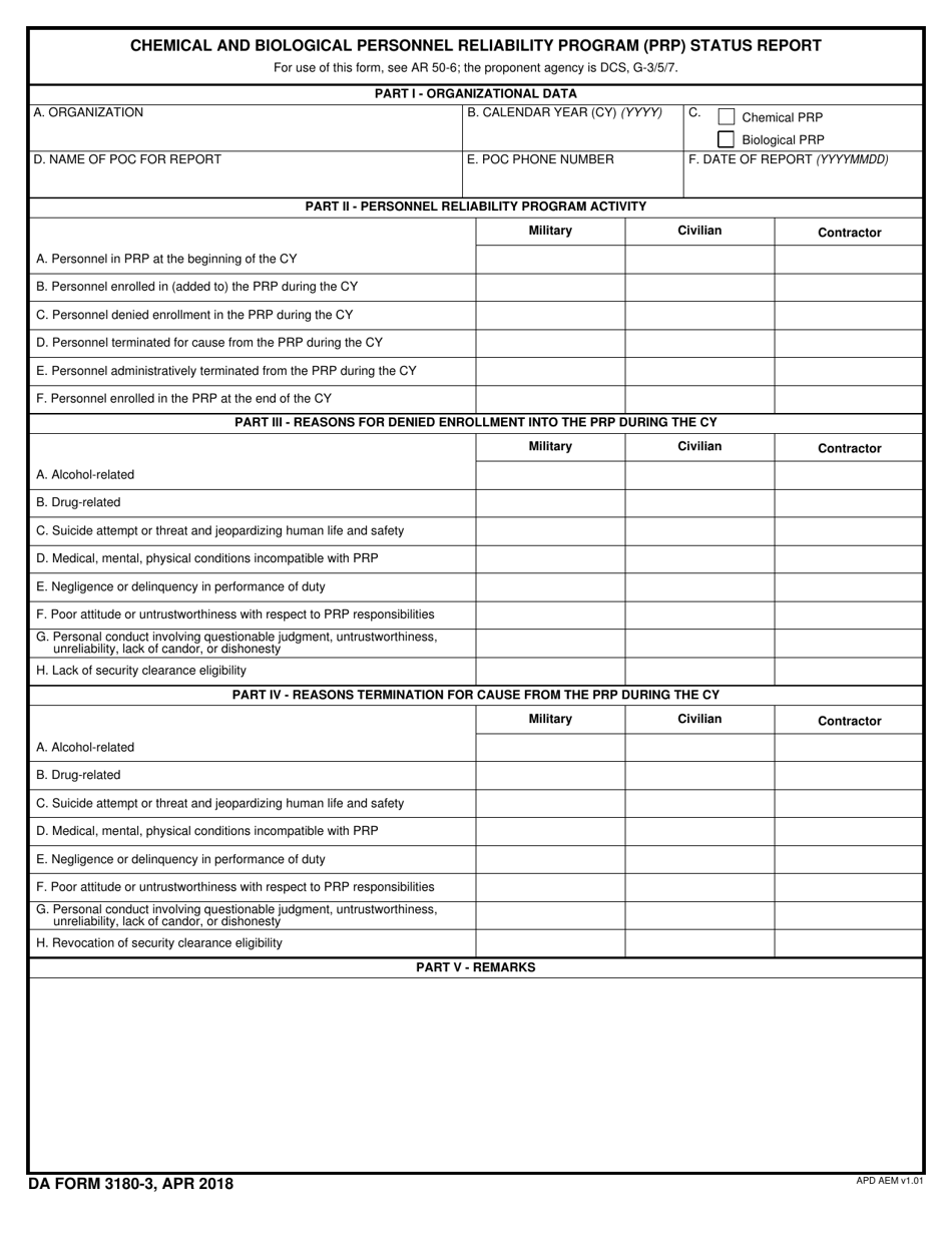 DA Form 3480-3 Chemical and Biological Personnel Reliability Program (PRP) Status Report, Page 1