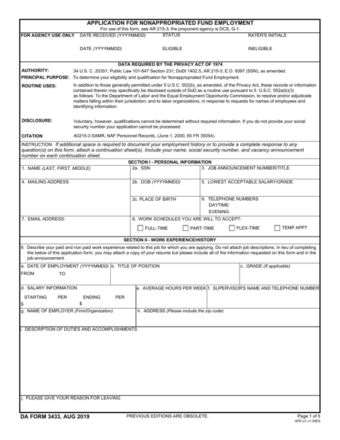 DA Form 3433 Application for Nonappropriated Fund Employment