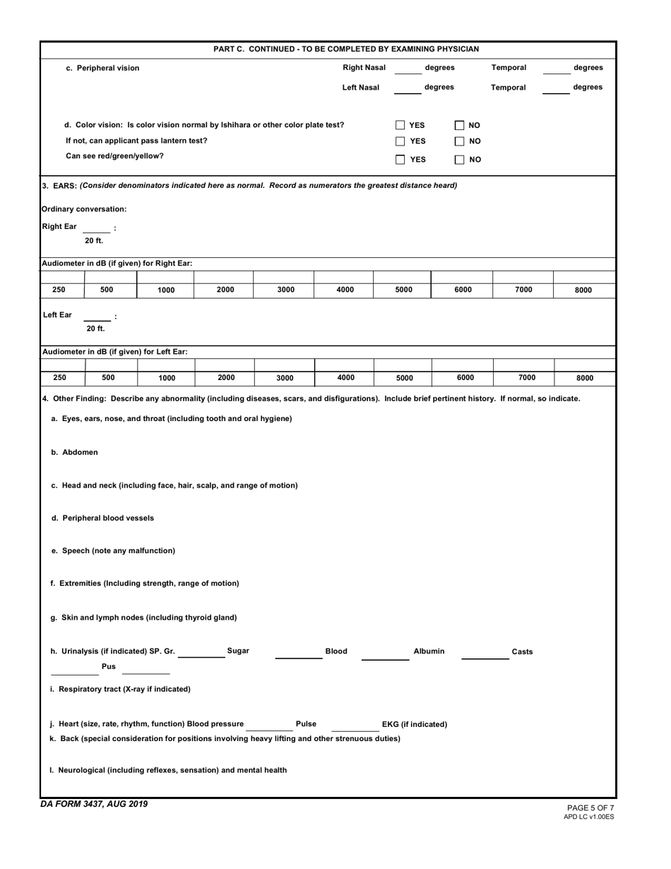 DA Form 3437 Department of the Army Nonappropriated Funds Certificate of Medical Examination, Page 5
