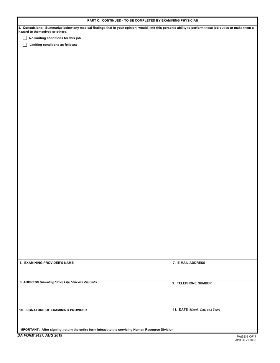 DA Form 3437 Department of the Army Nonappropriated Funds Certificate of Medical Examination, Page 6