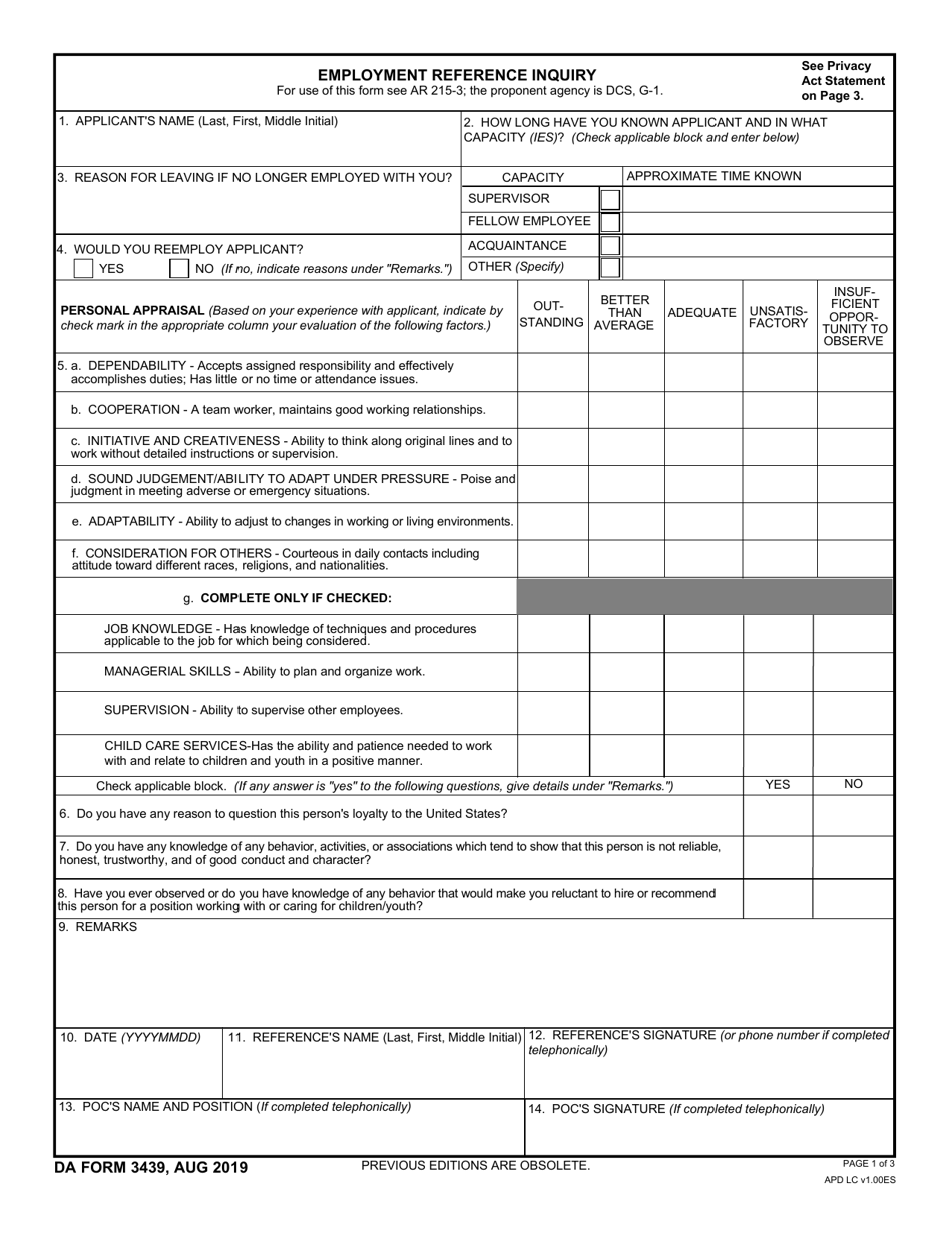DA Form 3439 Employment Reference Inquiry, Page 1