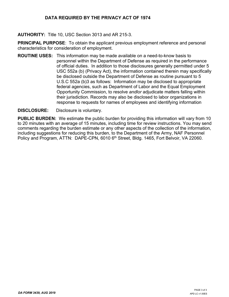 DA Form 3439 Employment Reference Inquiry, Page 3