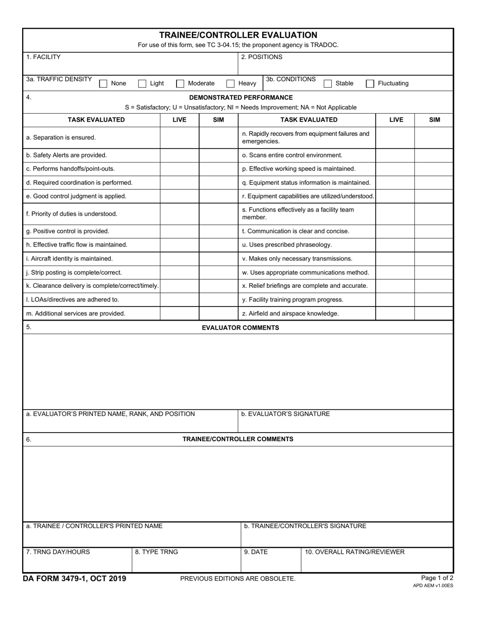 DA Form 3479-1 Download Fillable PDF or Fill Online Trainee/Controller ...