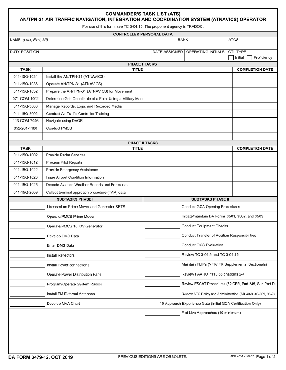 DA Form 3479-12 Commanders Task List (Ats) an / Tpn-31 Air Traffic Navigation, Integration and Coordination System (Atnavics) Operator, Page 1
