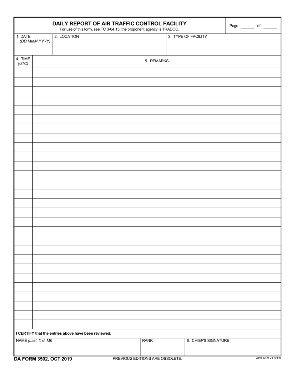 DA Form 3502 Daily Report of Air Traffic Control Facility, Page 1