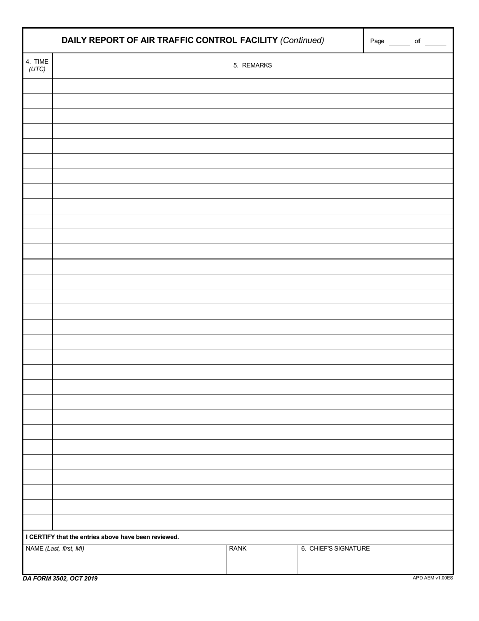 DA Form 3502 Daily Report of Air Traffic Control Facility, Page 3