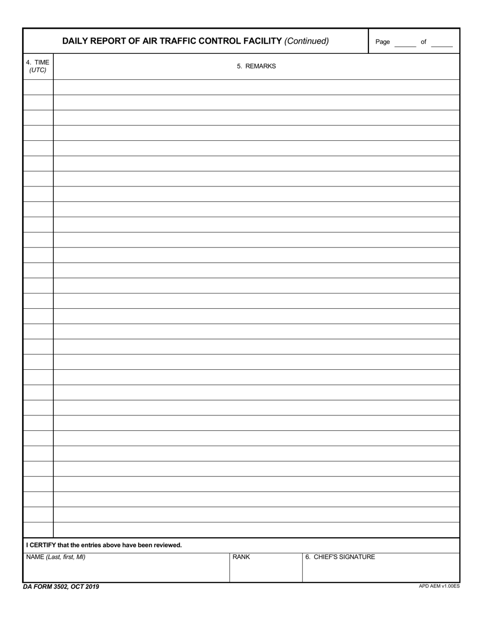 DA Form 3502 Daily Report of Air Traffic Control Facility, Page 5