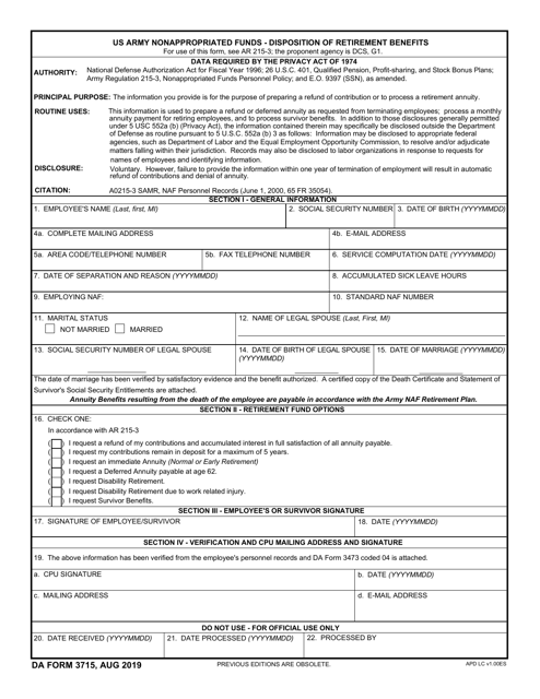 DA Form 3715 US Army Nonappropriated Funds-Disposition of Retirement Benefits