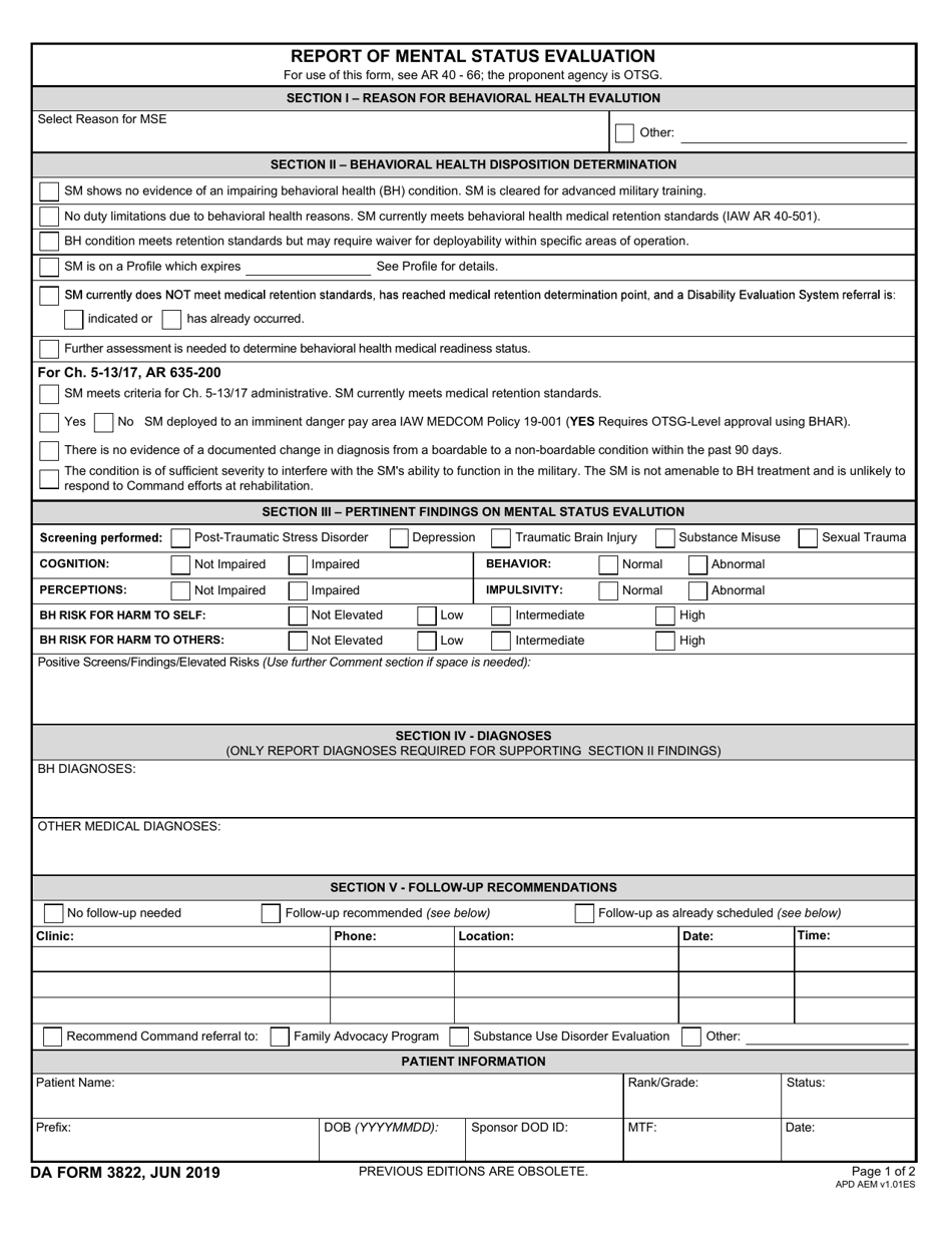 DA Form 3822 Report of Mental Status Evaluation, Page 1