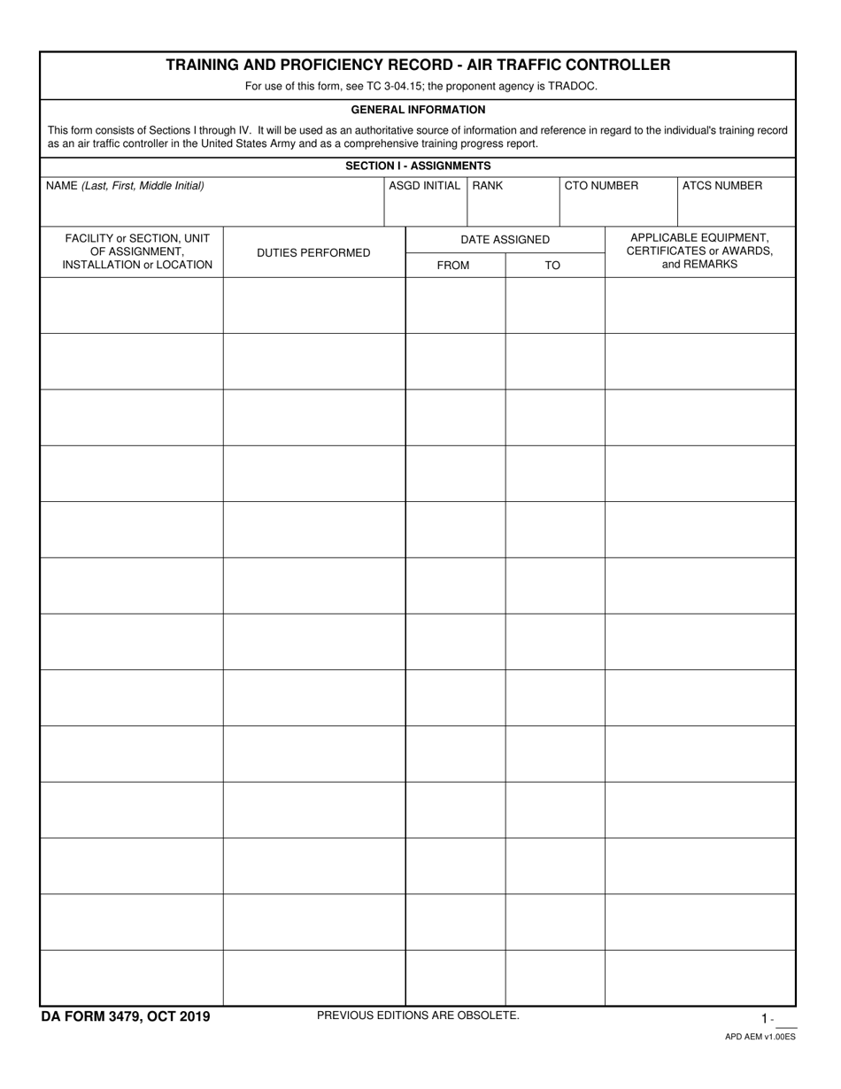 DA Form 3479 Training and Proficiency Record - Air Traffic Controller, Page 1