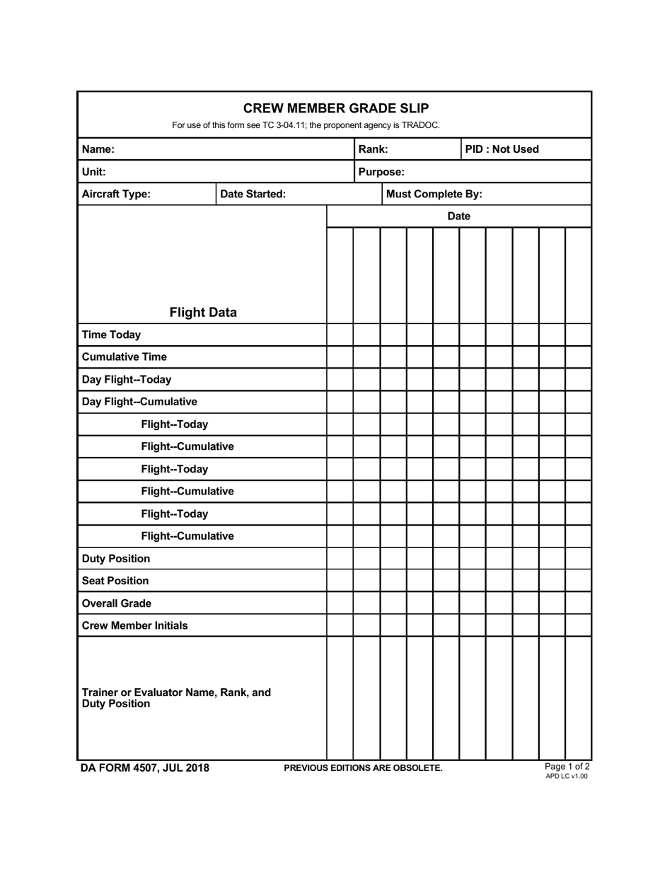 DA Form 4507 Download Fillable PDF or Fill Online Crew Member Grade