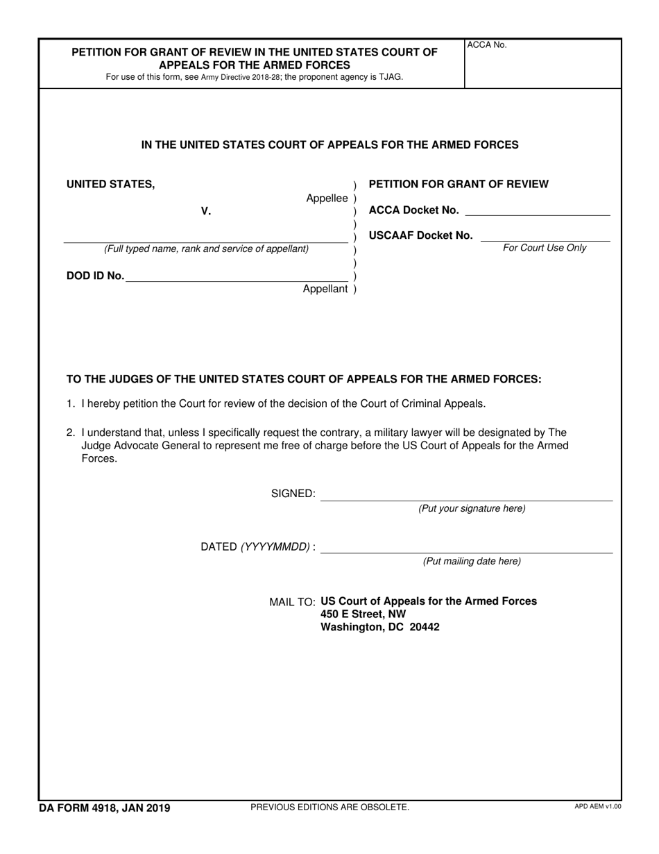 DA Form 4918 Petition for Grant of Review in the United States Court of Appeals for the Armed Forces, Page 1