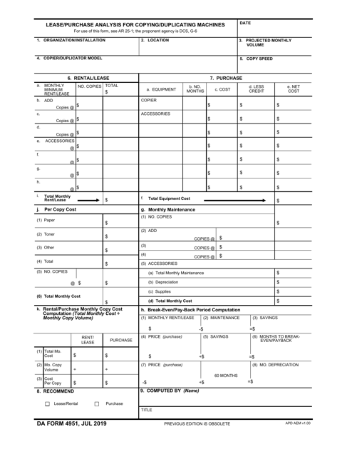 DA Form 4951  Printable Pdf