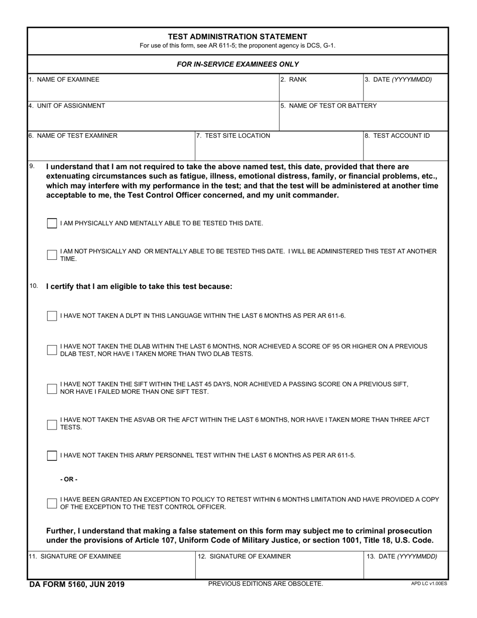 DA Form 5160 Test Administration Statement, Page 1