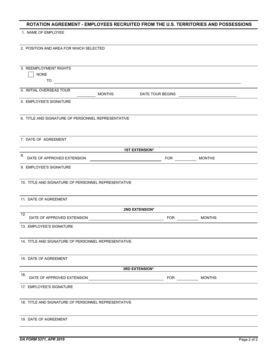 DA Form 5371 Rotation Agreement - Employees Recruited From the US Territories and Possessions, Page 2