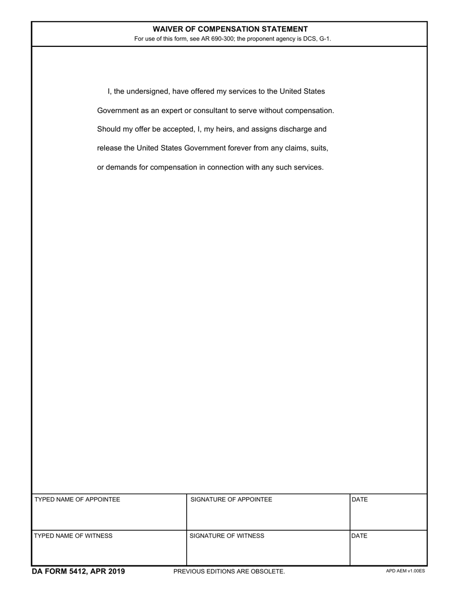 DA Form 5412 Waiver of Compensation Statement, Page 1