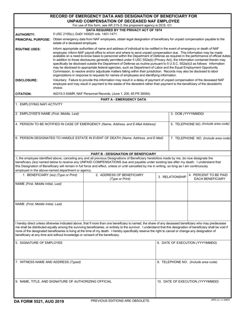 DA Form 5521 Record of Emergency Data and Designation of Beneficiary for Unpaid Compensation of Deceased NAF Employee