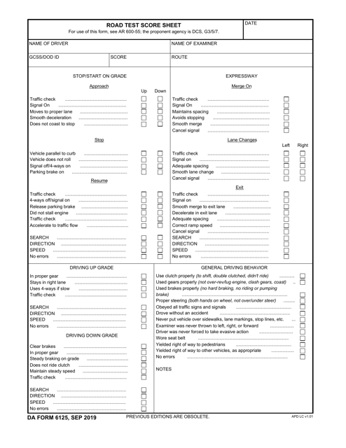 DA Form 6125 Road Test Score Sheet