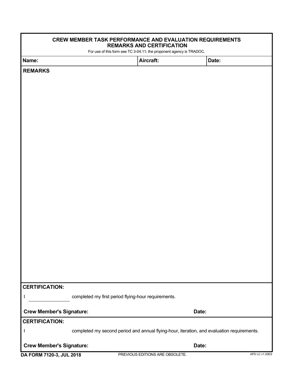 DA Form 7120-3 Crew Member Task Performance and Evaluation Requirements Remarks and Certification, Page 1