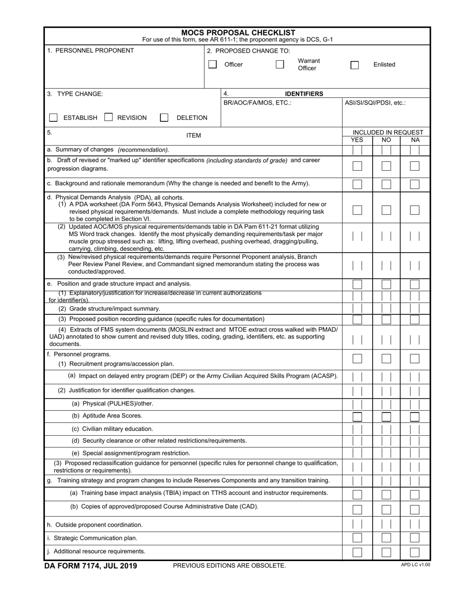 DA Form 7174 Mocs Prposal Checklist, Page 1
