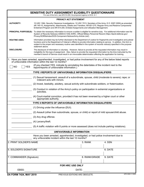 DA Form 7424 Sensitive Duty Assignment Eligibility Questionnaire