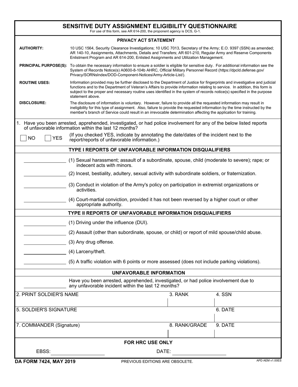 DA Form 7424 Sensitive Duty Assignment Eligibility Questionnaire, Page 1