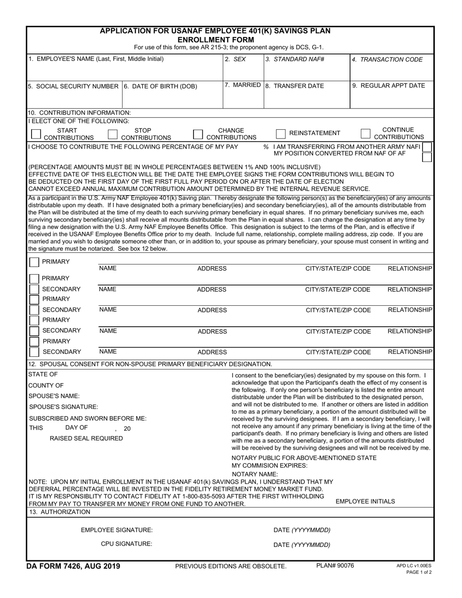 DA Form 7426 Application for Usanaf 401(K) Savings Plan Enrollment Form, Page 1